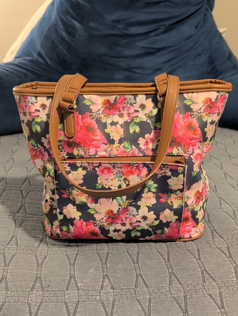 Bueno Navy Floral Tote with Brown Trim